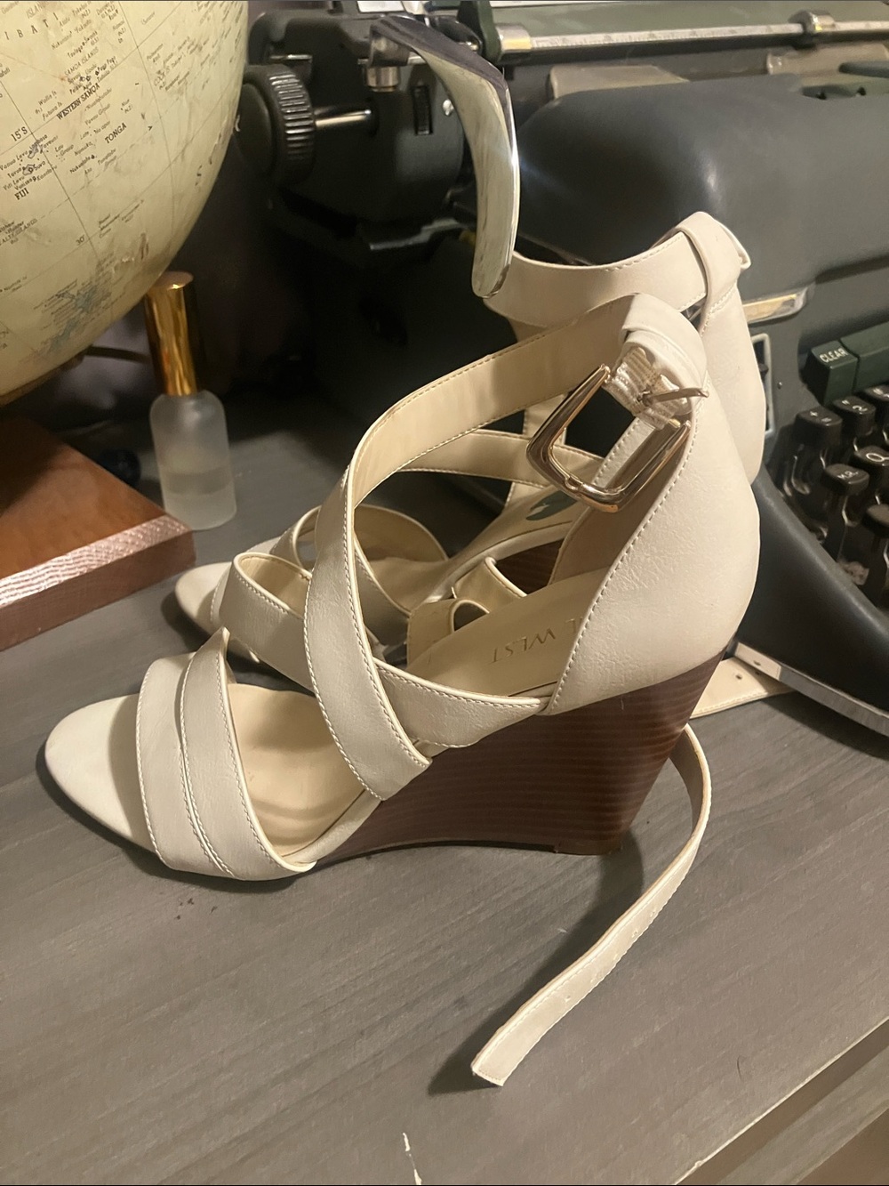 Nine West Cream Strappy Wedge Sandals with Buckle